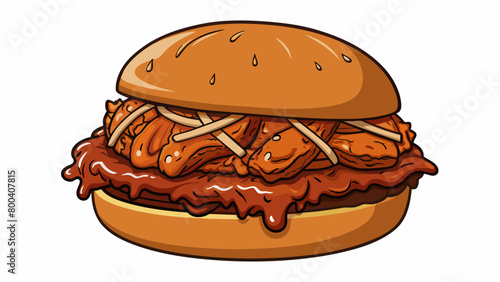 Pulled Pork Sandwich Slowcooked shredded pork piled high on a soft bun dripping with tangy barbecue sauce. The meat is smoky and tender with a slight. Cartoon Vector.