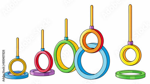 Rows of brightly colored rings line a wall each one hanging at a different height to accommodate all levels of gymnasts. Thin and lightweight these. Cartoon Vector.