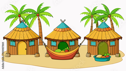 Rustic huts line the beach their roofs made of woven palm fronds and their walls painted with colorful patterns. Inside hammocks sway lazily in the. Cartoon Vector.