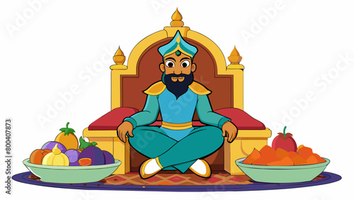 Sitting in a grand palace Aladdin relaxes on a plush velvet throne adorned with jeweled cushions. In front of him is a lavish feast including a golden. Cartoon Vector.