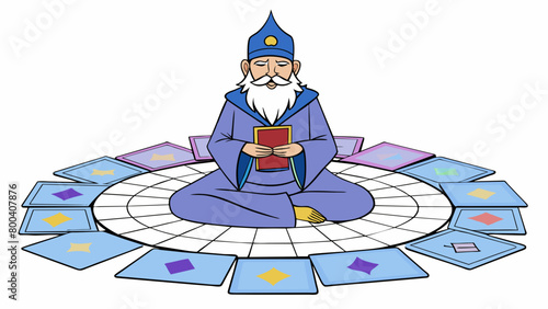 Sitting crosslegged on a plush intricately woven carpet this wizards tarot cards spread across the floor in a mesmerizing pattern. Their eyes closed. Cartoon Vector.