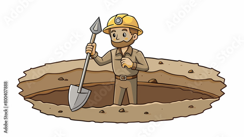 Standing in a dusty excavation pit an archaeologist holds up a rusted metal tool. The tool has a sharp point and a curved blade indicating it was used. Cartoon Vector.