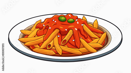 Spicy penne arrabiata A plate of penne pasta smothered in a fiery red sauce and sprinkled with grated cheese. The penne which is tubeshaped with. Cartoon Vector.