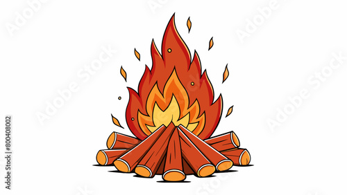 The campfire crackles and pops sending sparks flying into the air like tiny fireworks. The logs have been arranged carefully creating a pyramid shape. Cartoon Vector.
