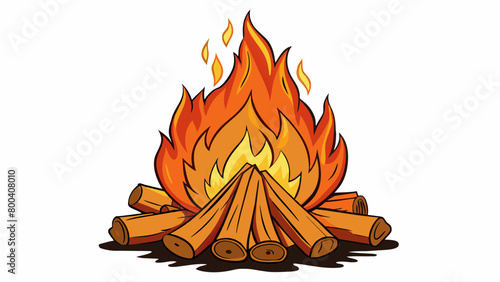 The campfire is ablaze its flames reaching tall and strong. The bright orange light reflects off nearby trees creating a picturesque scene. The logs. Cartoon Vector.