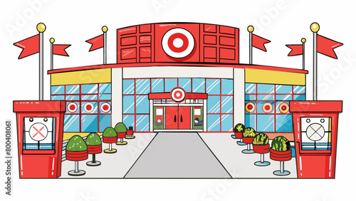 The entrance of Target is adorned with colorful flags and banners inviting customers to explore their selection of affordable clothing and. Cartoon Vector.