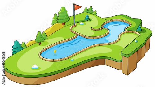 The fifteenth hole is a scenic par 4 with a large lake running along the entire left side. The fairway is wide open and gently slopes towards the. Cartoon Vector. photo