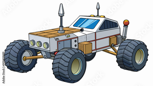 The fourth Lunar rover is a heavyduty eightwheeled vehicle with a square body and a reinforced frame. Its wheels have metal spikes for gripping onto. Cartoon Vector.