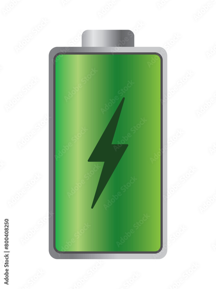 Fully charged green battery vector illustration isolated on white background. Concept of power and energy. Glossy battery full level indicator icon. Battery technology . Fully charged green battery vector illustration isolated on white background. Concept of power and energy. Glossy battery full level indicator icon. Battery technology .