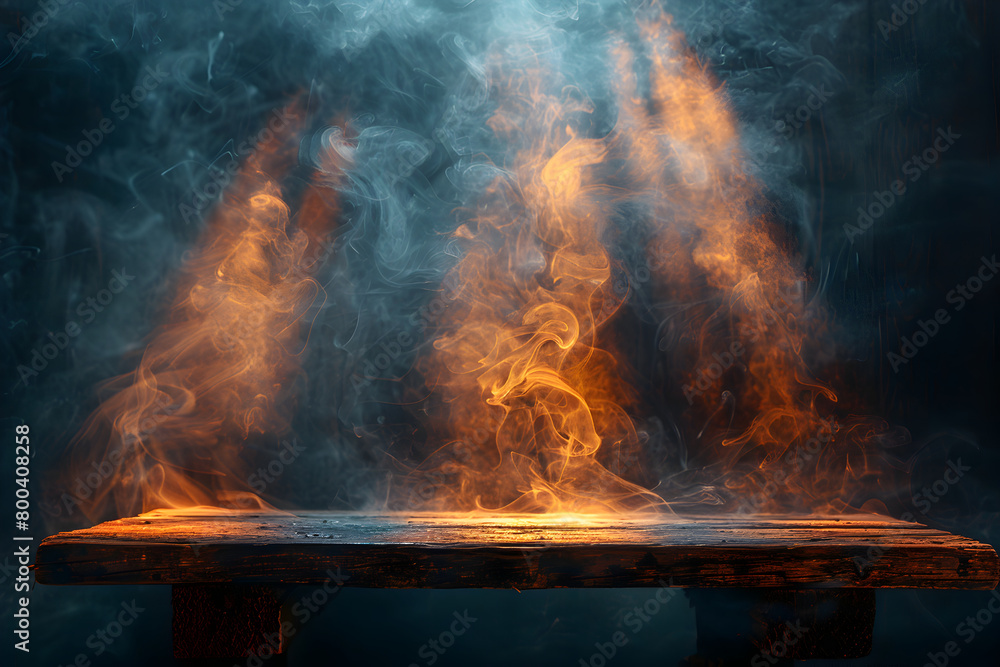 empty wooden table with Faint smoke have beams of light in dark background empty wooden table with Faint smoke have beams of light in dark background
