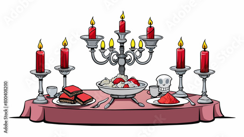 The ornate silver candelabra cast a haunting glow on the vampires elegant dining room. The table was adorned with ruby red goblets and plates filled. Cartoon Vector.