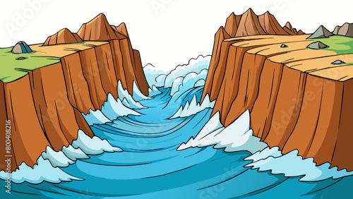 The mighty river roars ferociously as it rushes through towering rugged cliffs sending powerful waves crashing against the jagged rocks at its banks.. Cartoon Vector.