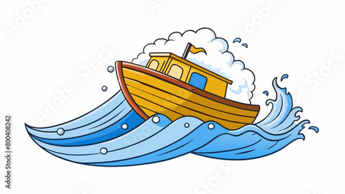 The rough seas were tossing the boat about with crashing waves and strong winds.  on white background . Cartoon Vector.