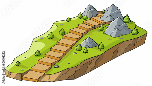 The rough terrain of the hiking trail was filled with steep inclines and rocky terrain making it challenging to navigate.  on white background . Cartoon Vector.