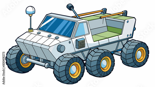 The second Lunar rover is a sleek twoseater vehicle with a streamlined body and a large rectangular windshield. Its wheels are large and sy with deep. Cartoon Vector.