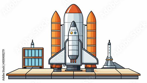The shuttle stood tall and majestic on the launch pad with the external fuel tank and solid rocket boosters attached to its sides. At its base large. Cartoon Vector.