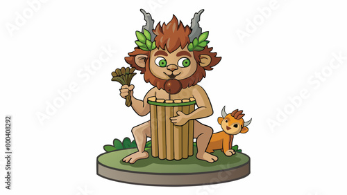 The Satyr sat atop a marble pedestal his pointed ears twitching as he played a pan flute made from reeds. His wild unkempt hair was adorned with a. Cartoon Vector.