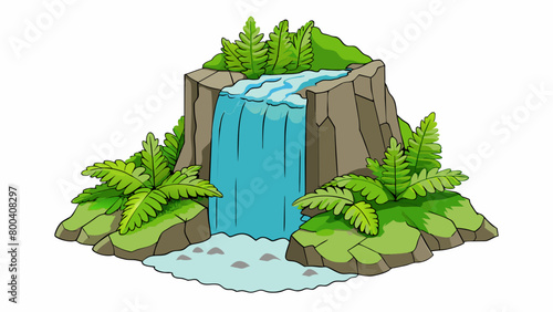 The sound of rushing water could be heard coming from the hidden alcove at the base of the crag. A small waterfall cascaded down the face of the rock. Cartoon Vector.