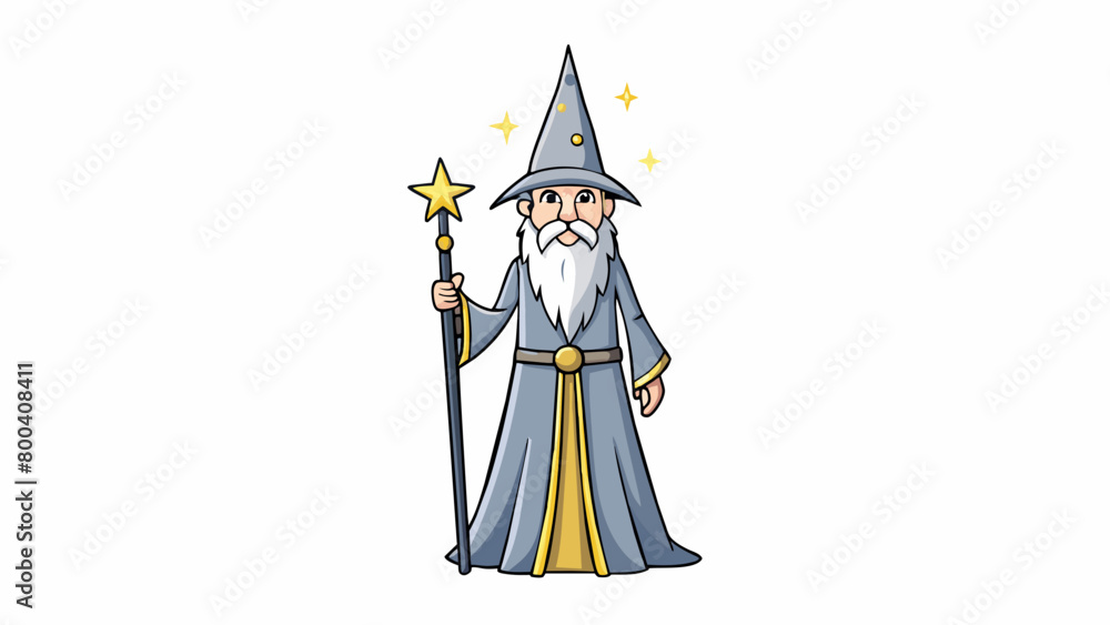 Fototapeta premium The wizard stood tall his long flowing robe made of silver and gold threads that shimmered in the sunlight. His pointed hat adorned with stars and. Cartoon Vector.
