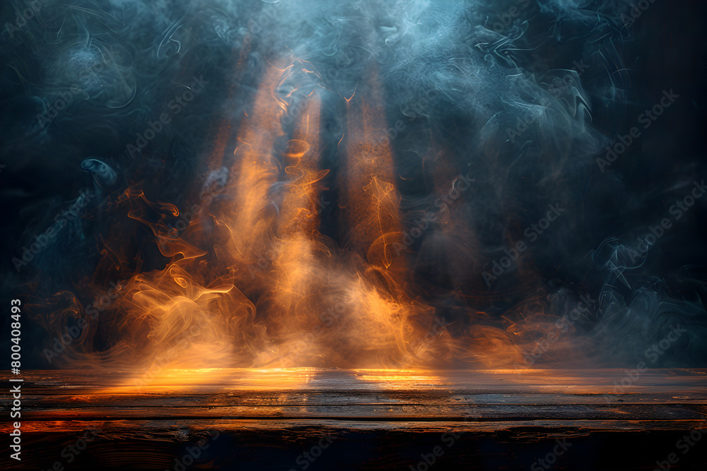empty wooden table with Faint smoke have beams of light in dark background empty wooden table with Faint smoke have beams of light in dark background