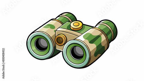 These toy binoculars are designed for adventure with a camouflage print and sy black frame. The lenses are protected by a durable rubber coating. Cartoon Vector.