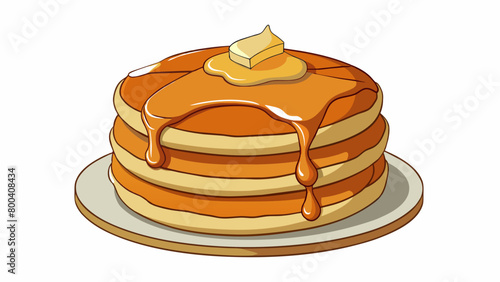 Thick gooey caramel sauce poured generously over a stack of fluffy pancakes creating a sweet and indulgent breakfast treat.  on white background . Cartoon Vector.