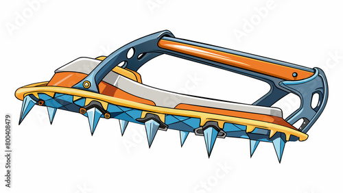 This crampon is specially designed for ice climbing and has horizontal front points for optimal grip in vertical ice walls. It also has a heel spur. Cartoon Vector.