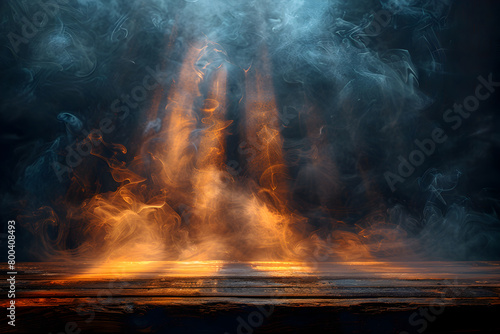 empty wooden table with Faint smoke have beams of light in dark background