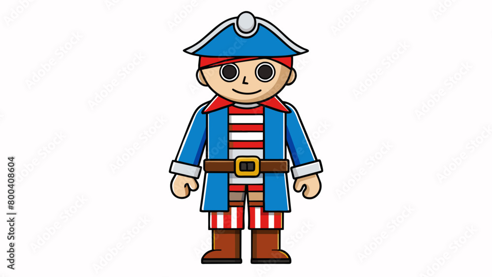 This toy pirate costume is a small jumpsuit with white and blue striped sleeves paired with a matching pirate hat and eye patch. The jumpsuit has a. Cartoon Vector.