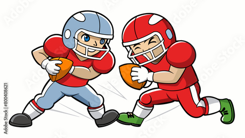 Two players engage in a fierce tackle both determined to gain possession of the ball. The sound of helmets clashing echoes throughout the stadium as. Cartoon Vector.