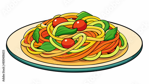 Veggiepacked spaghetti primavera A colorful dish made of strands of spaghetti intertwined with bright crunchy vegetables such as bell peppers zucchini. Cartoon Vector.