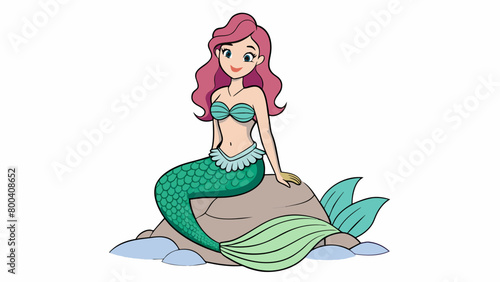 Upon a rocky shore a mermaid sits gazing out at the vast expanse of the ocean before her. Her iridescent scales glisten in the moonlight and a. Cartoon Vector.