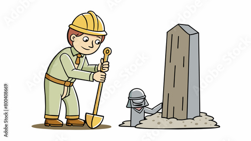 With a delicate touch an archaeologist uses a small trowel to uncover a tall slender figure made of stone. The figure has elongated limbs and a serene. Cartoon Vector.