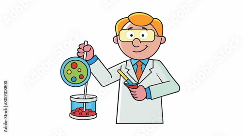 A biologist is holding a small vial filled with vibrant colored liquid carefully adding a few drops to a petri dish filled with agar. The liquid is a. Cartoon Vector.