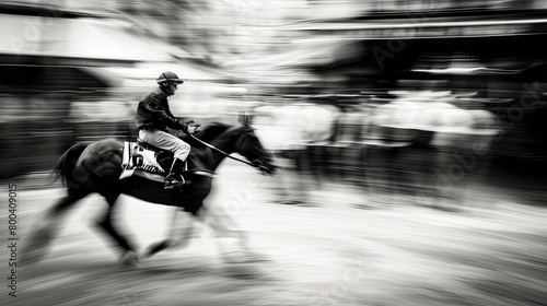 Monochrome image of jockey on horse at race track, showcasing equestrian sport
