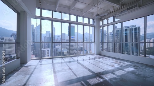 An empty loft with an unfurnished contemporary interior office is shown, featuring a city skyline and buildings visible through a glass window.