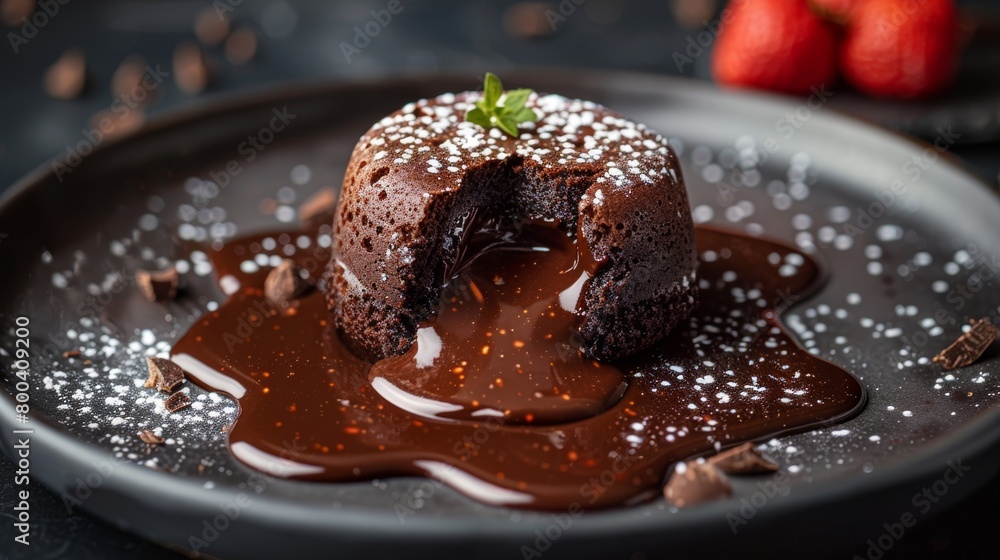 Close-up of molten chocolate lava cake oozing with rich sauce on a dusted cocoa plate Close-up of molten chocolate lava cake oozing with rich sauce on a dusted cocoa plate