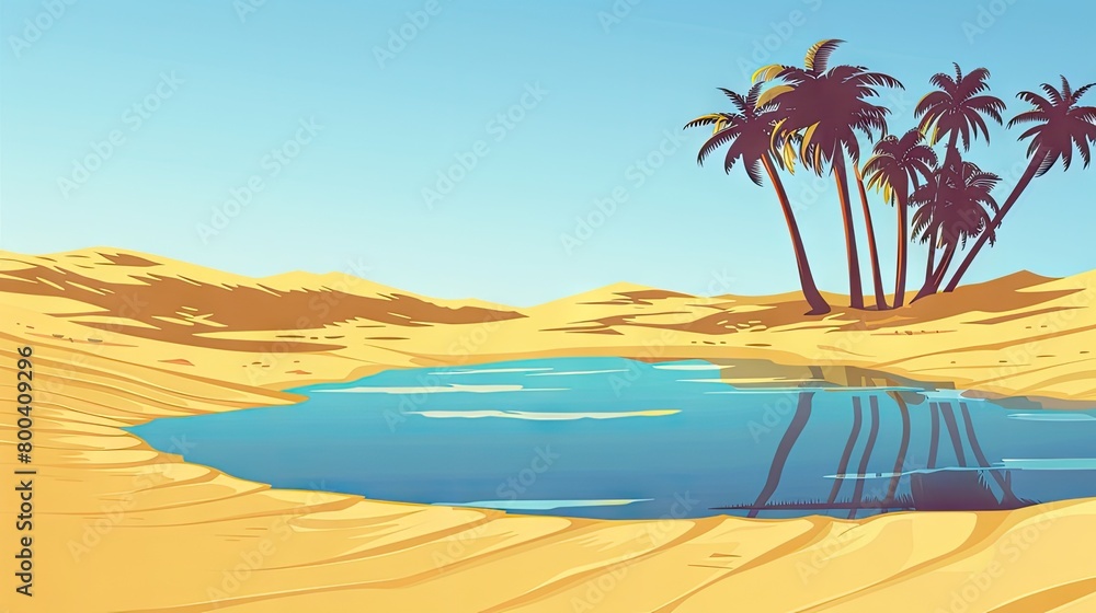 Pixel art desert oasis with lake, palm trees, and sandy beach under a blue sky