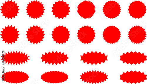 Starburst red sticker set - collection of special offer sale oval and round shaped sunburst labels and badges. Promo stickers with star edges. Vector.
