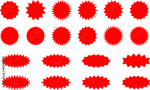 Starburst red sticker set - collection of special offer sale oval and round shaped sunburst labels and badges. Promo stickers with star edges. Vector.
