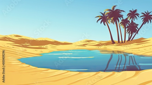 Pixel art desert oasis with lake  palm trees  and sandy beach under a blue sky