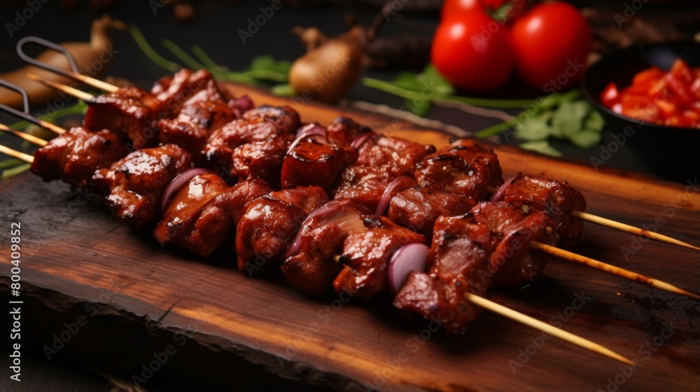 Beautifully arranged beef skewers with red onion pieces, showcasing the art of grilling over a black background