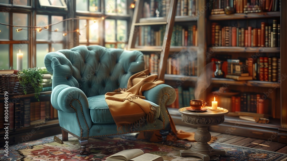 Velvet Armchair Haven in a Library Setting, generative ai