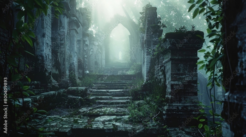 A mystical pathway through ancient ruins, hinting at the passage of time and the eternal nature of the soul on Ascension Day. 