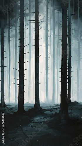 A tranquil forest painting with minimalist trees and a sense of depth and space.   