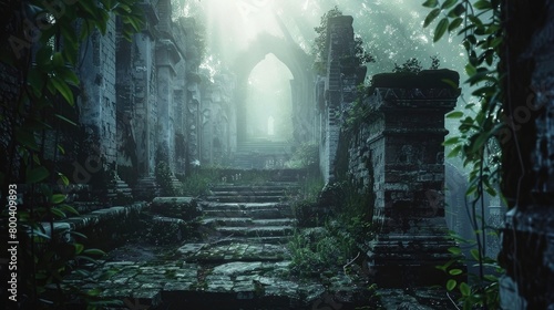 A mystical pathway through ancient ruins, hinting at the passage of time and the eternal nature of the soul on Ascension Day. 