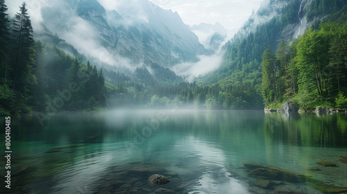 A beautiful lake surrounded by mountains with a foggy mist in the air photo