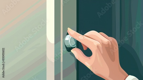 An illustration of a hand pressing a doorbell button, typically signaling someone's arrival at a door. photo