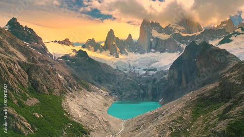 Aerial view on mount Fitzroy with lake Laguna de Los Tres and sunset in Patagonia, El Chalten, Argentina.