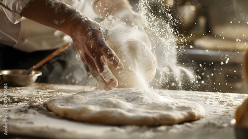 A baker sprinkles flour on dough for the perfect pizza base photo